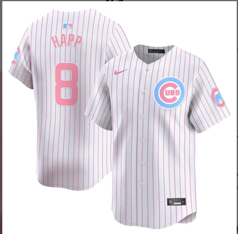 Men Chicago Cubs #8 Happ white with red strips 2024 Nike MLB jersey